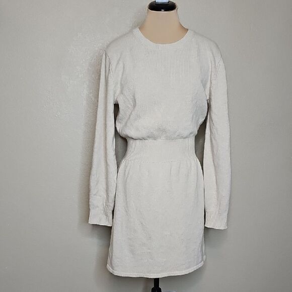 Theory Ivory Heather Rib Waist Wool Cashmere Long Sleeve Dress Large - Picture 2 of 10